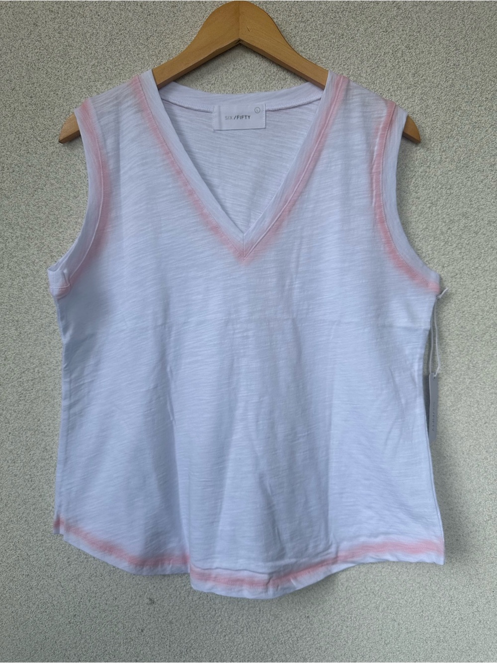 Six/Fifty White V-Neck Tank | Pink Contrast Trim | Sleeveless | NWT | Large